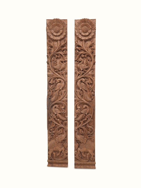Carved Neem Wood Peacock & Elephant Panel (Set of 2)