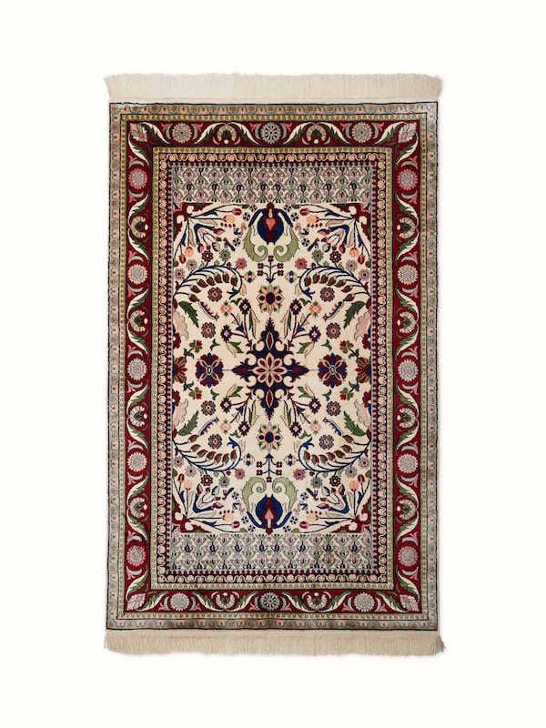 Traditional Persian Ivory Isfahan Kashmir Silk Hand-Knotted Carpet