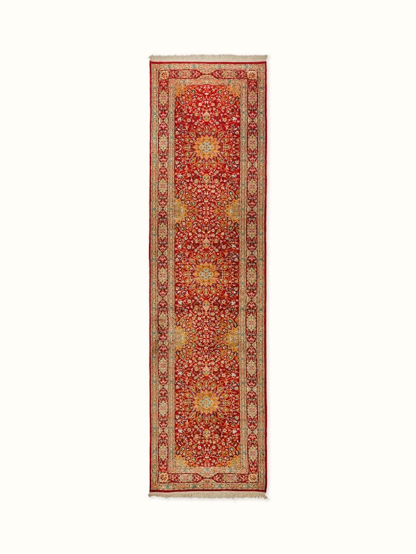 Traditional Persian Red Kashan Kashmir Silk Hand-Knotted Runner