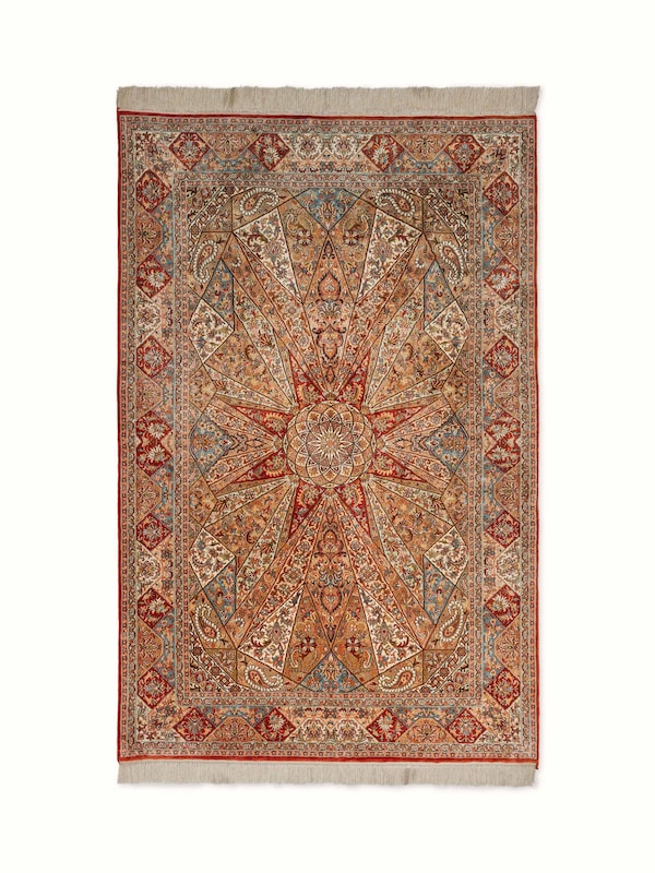 Traditional Persian Rust Khatamband Kashmir Silk Hand-Knotted Carpet
