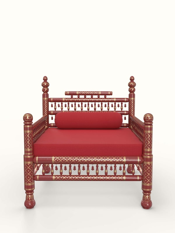 Red Chevron Fabric Upholstered Teak Wood Sankheda 1-seater Sofa