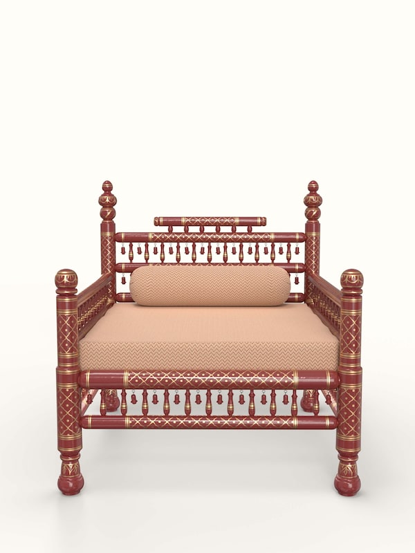 Beige & Red Chevron Fabric Upholstered Teak Wood Sankheda 1-seater Sofa