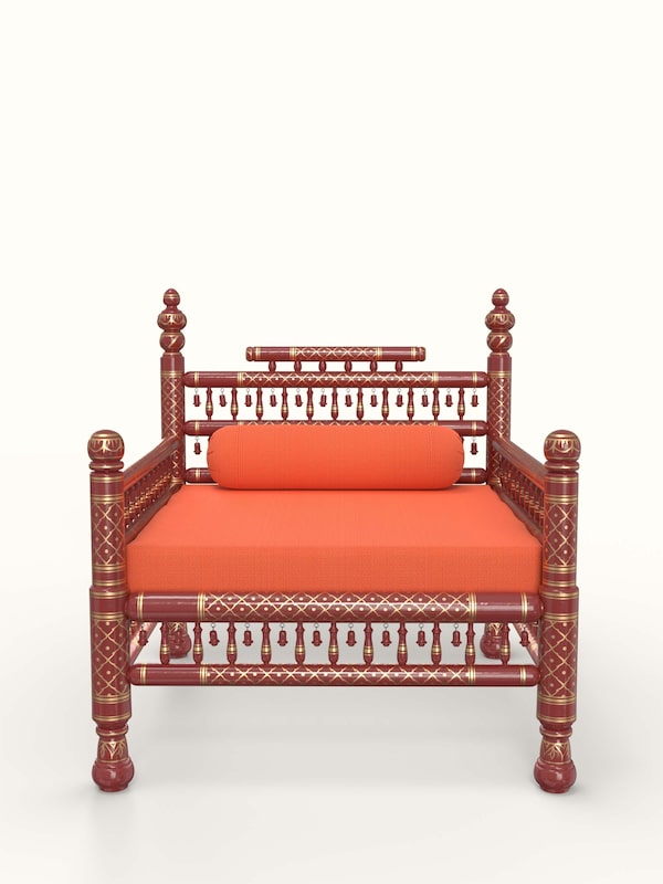 Rust Ribbed Fabric Upholstered Teak Wood Sankheda 1-seater Sofa