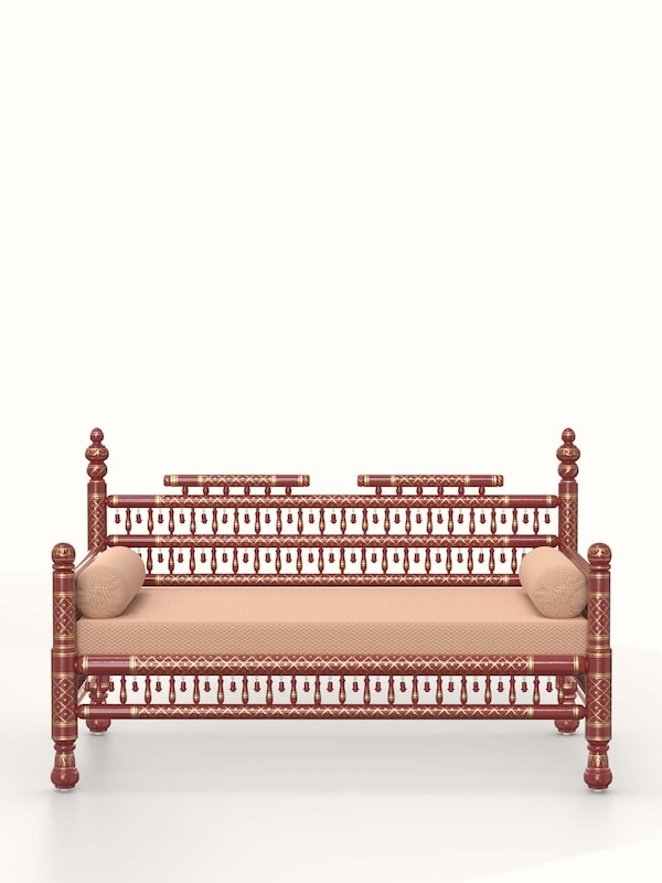 Beige & Red Chevron Fabric Upholstered Teak Wood Sankheda 2-seater Sofa