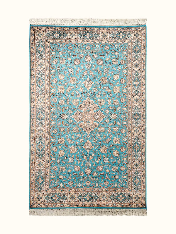 Traditional Persian Turquoise Medallion Kashmir Silk Hand-Knotted Carpet