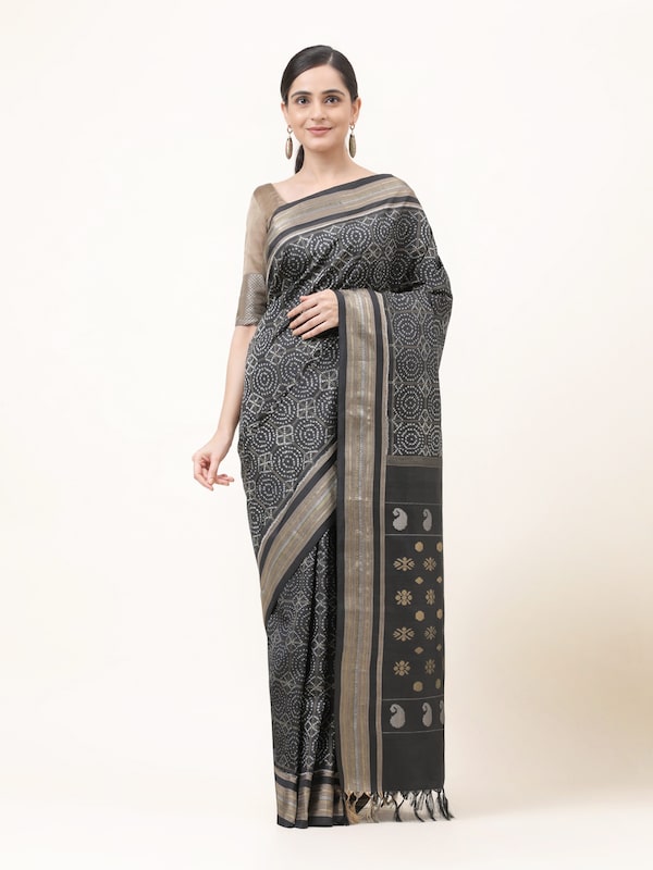 Black Pochampally Ikat Handloom Silk Saree