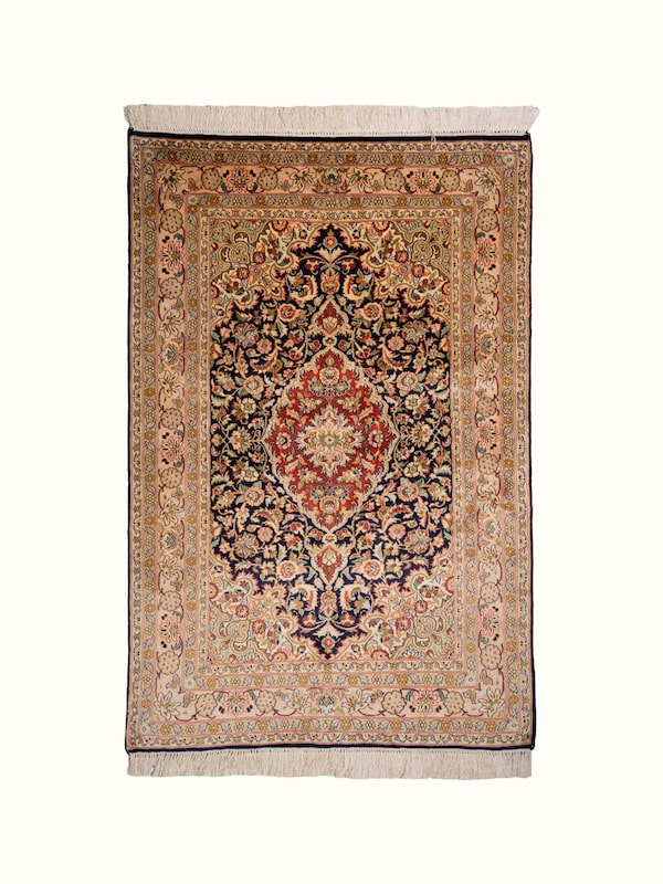 Traditional Persian Navy Kashan Kashmir Silk Hand-Knotted Carpet