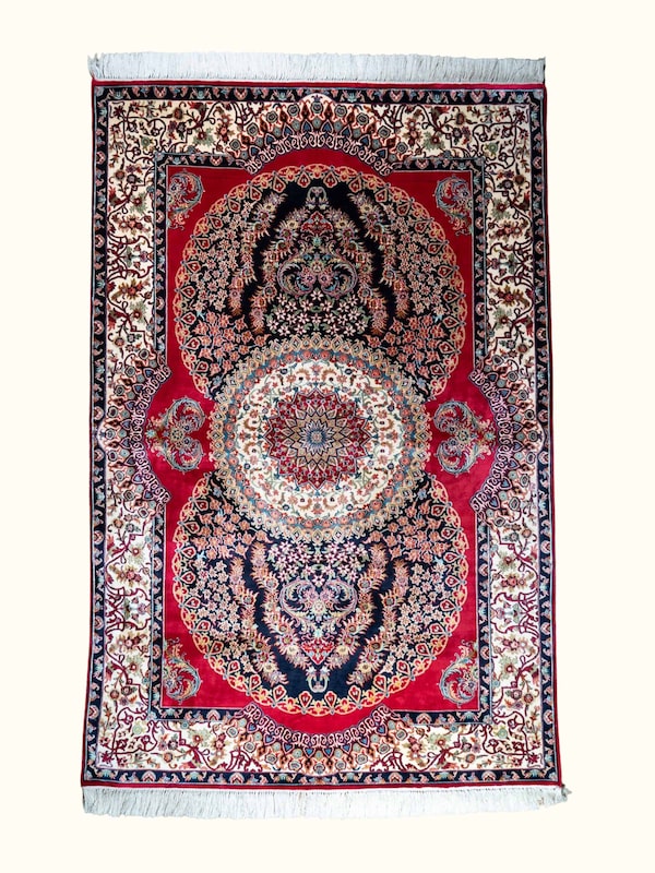 Traditional Persian Red Ishfahan Kashmir Silk Hand-Knotted Carpet