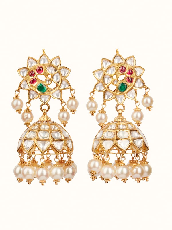 Hyderabad Jadau 22 Karat Gold Drop Earrings