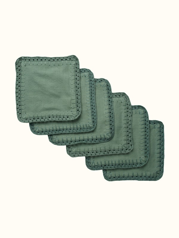 Nityam Green Cotton Slub Crochet Coasters Set Of 6