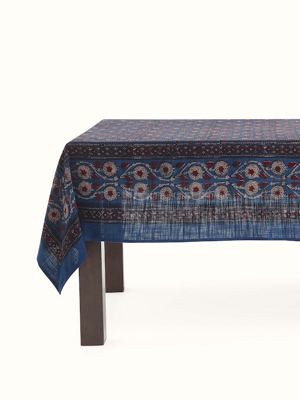 Puspita Indigo Cotton Dabu Hand Block Printed Table Cover 6 Seater