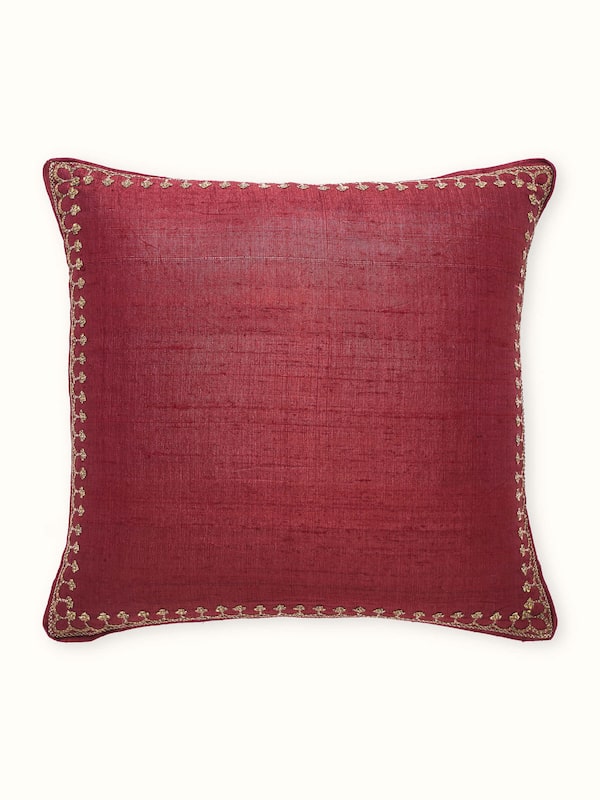 Alankar Maroon Border Silk Zardozi Embroidered Cushion Cover