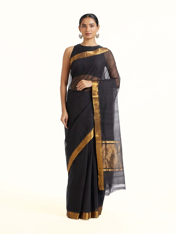 Black Cotton Blend Mangalgiri Saree