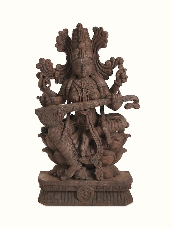 Wood Carved Sitting Saraswati Idol
