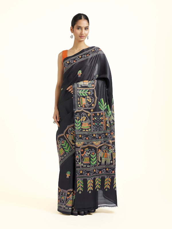 Black Tussar Silk Kantha Embroidered Saree