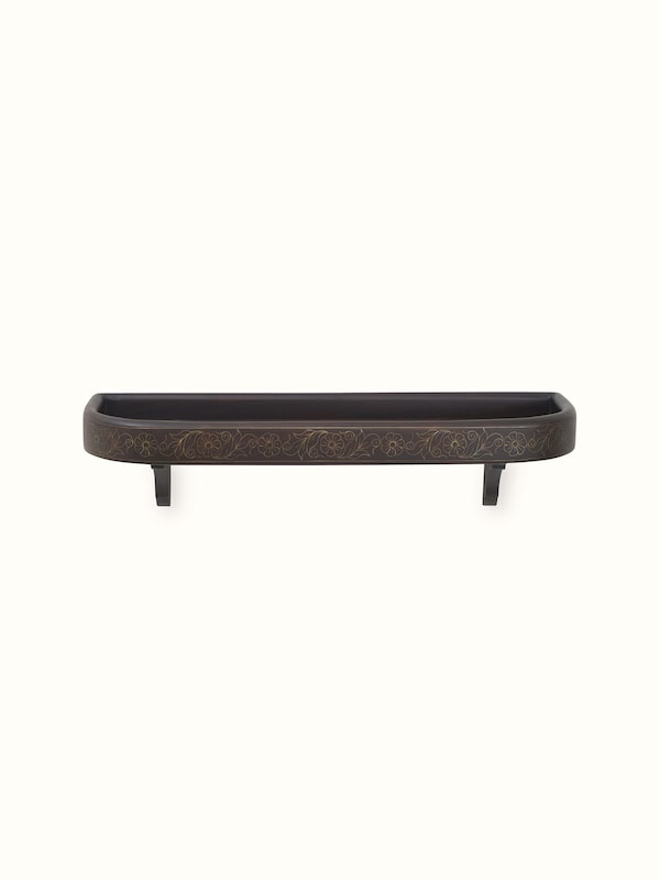 Sheesham Wood & Brass Tarkashi Wall Shelf with Round Edges