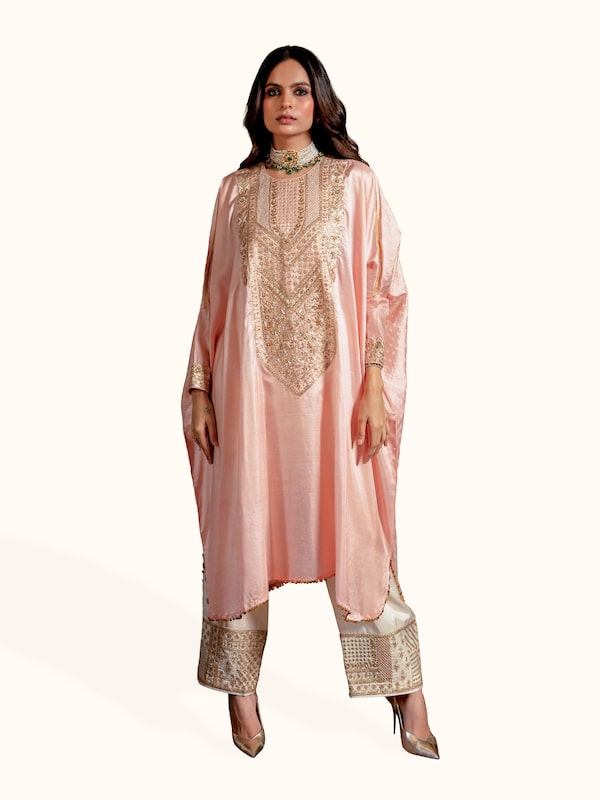 Blush Pink Silk Hand Embroidered Bandhani Kurta Set (2 Pcs)