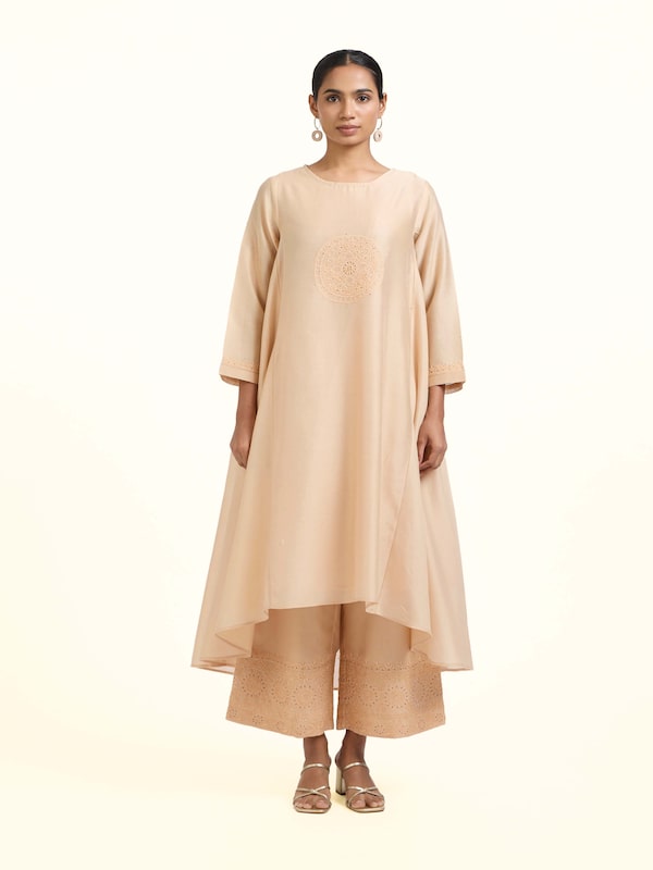 Beige Chanderi Cotton Silk Chikankari Kurta