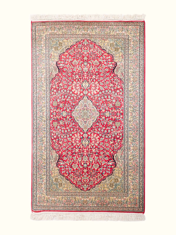 Traditional Persian Red Ivory Kashan Kashmir Silk Hand-Knotted Carpet