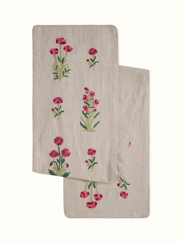 Mughal Miniature Magenta Buta Linen Kashmir Chain Stitch Hand Embroidery Table Runner