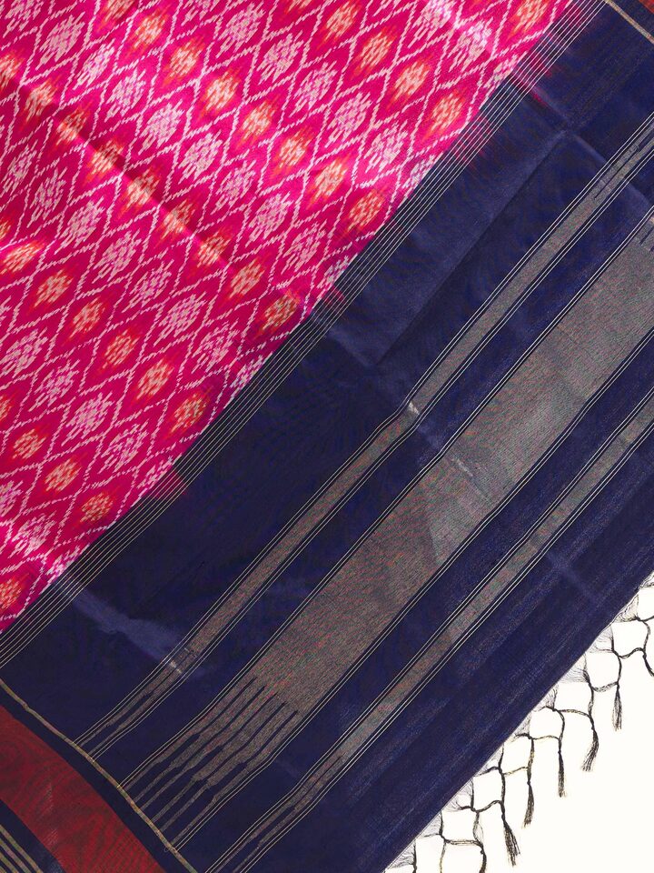 Detail view of pink and blue silk ikat zari dupatta showing silk texture