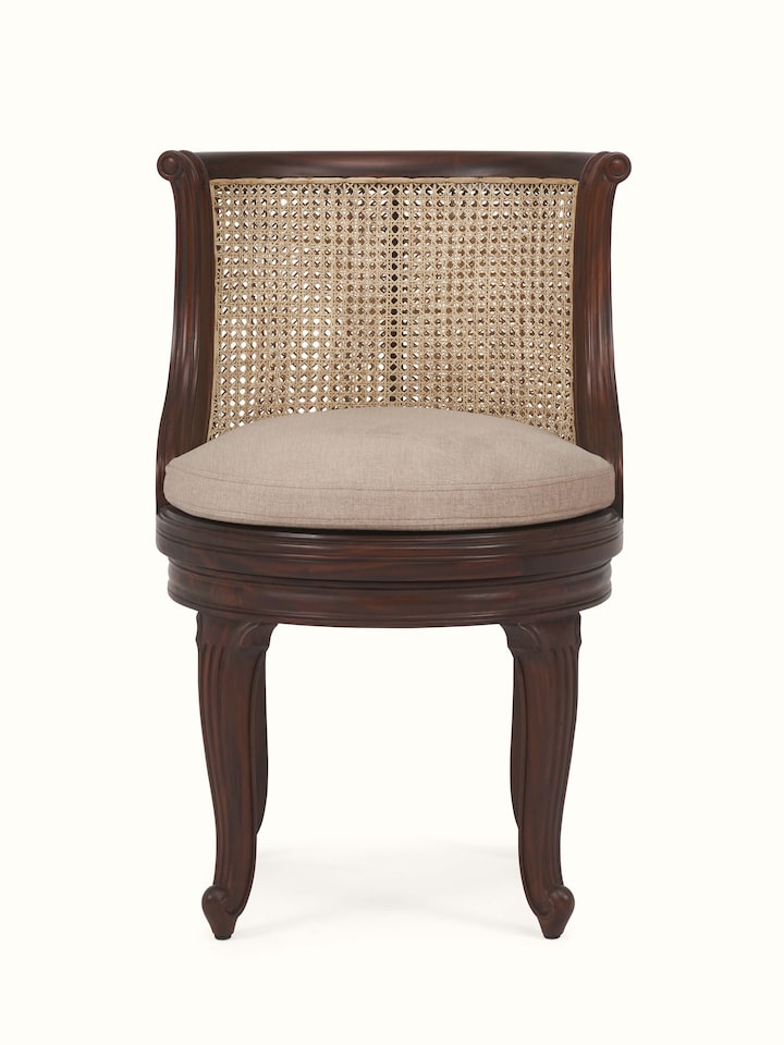 Front view of upholstered Mahogany wood study chair by Swadesh featuring cushioned seat and backrest