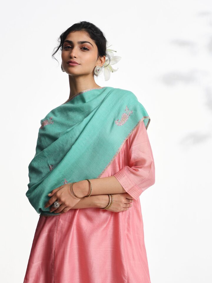 Styled detail view of Pink Jalidar Sozni Embroidered Stole showing a styled drape detail