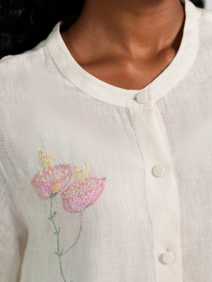 Detail view of the Off-white Linen Handloom Co-Ord Set