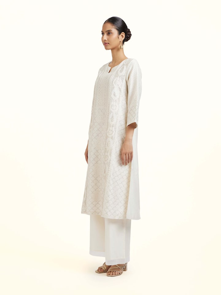 Side view of the White Chanderi Cotton Silk Chikankari A-Line Kurta