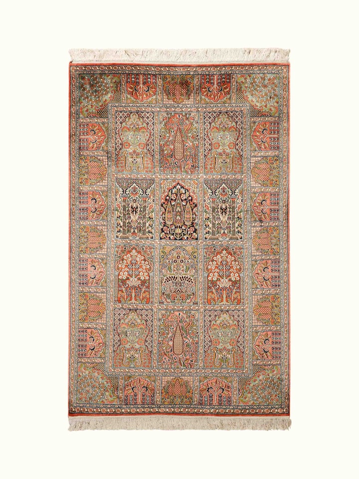 Front view of the Swadesh Traditional Persian Rust Blue Hamadan Kashmir Silk Hand-Knotted Carpet