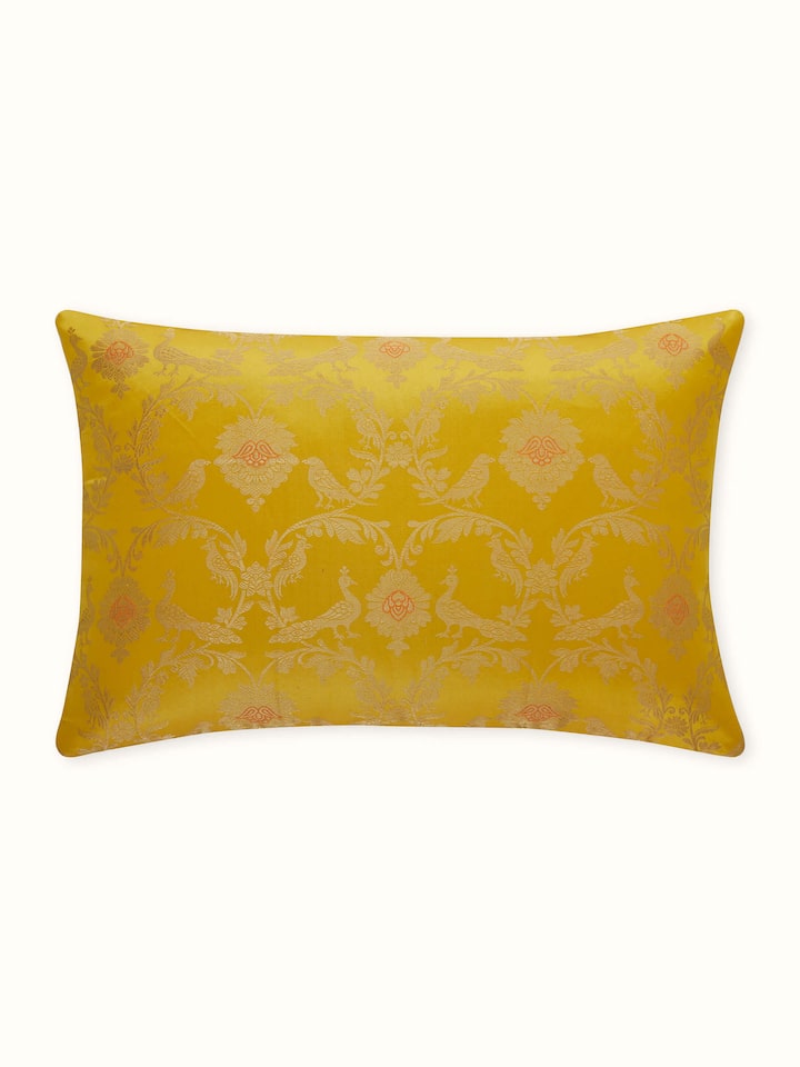 Awadh Yellow Jaal Banarasi Handloom Silk Lumbar Cushion Cover