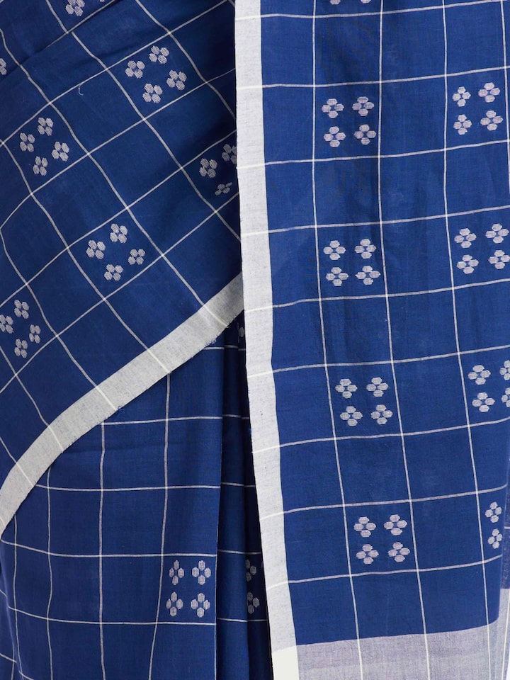Detailed view of Blue Muslin Jamdani Saree focusing on the fine craftsmanship and texture