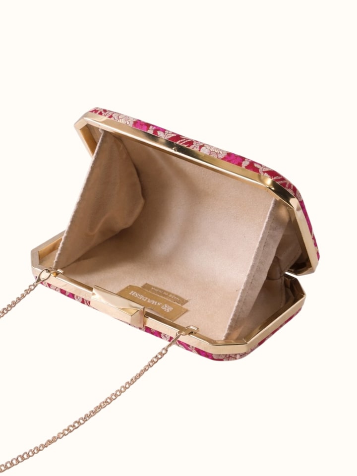 Overview of Pink Banarasi Silk Box Clutch showing the complete bag