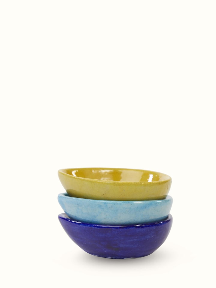 Front view of Blue Pottery Ceramic Diyas set (3 pcs) showcasing their intricate blue designs.