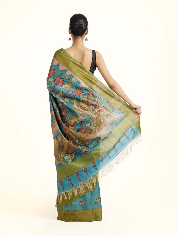 Back view of Tussar Silk Kalamkari Saree showing the pleats and finish