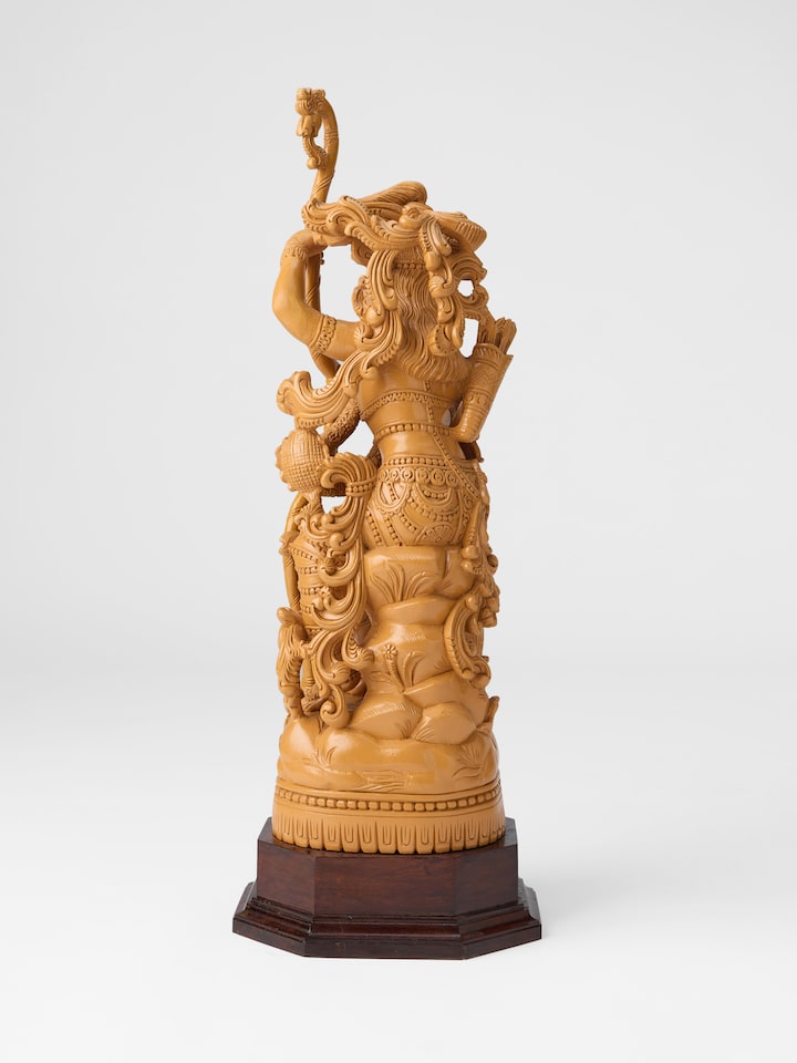 Back view of Wood Carved Rama Hanuman Idol showing the back or base of the piece