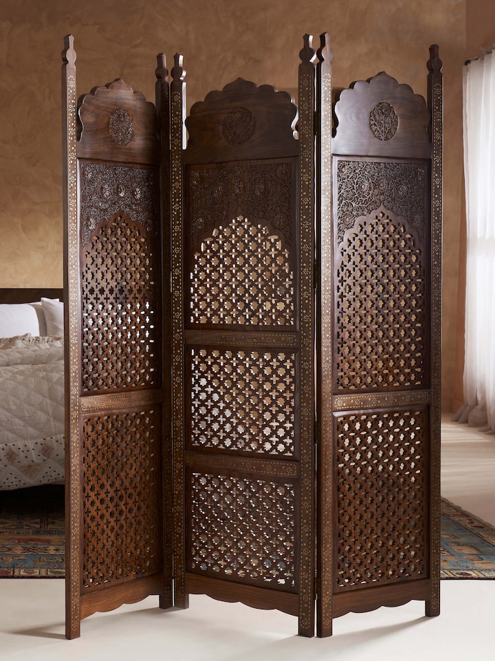 Styled view of Carved Sheesham Wood Partition Screen styled in a room setting