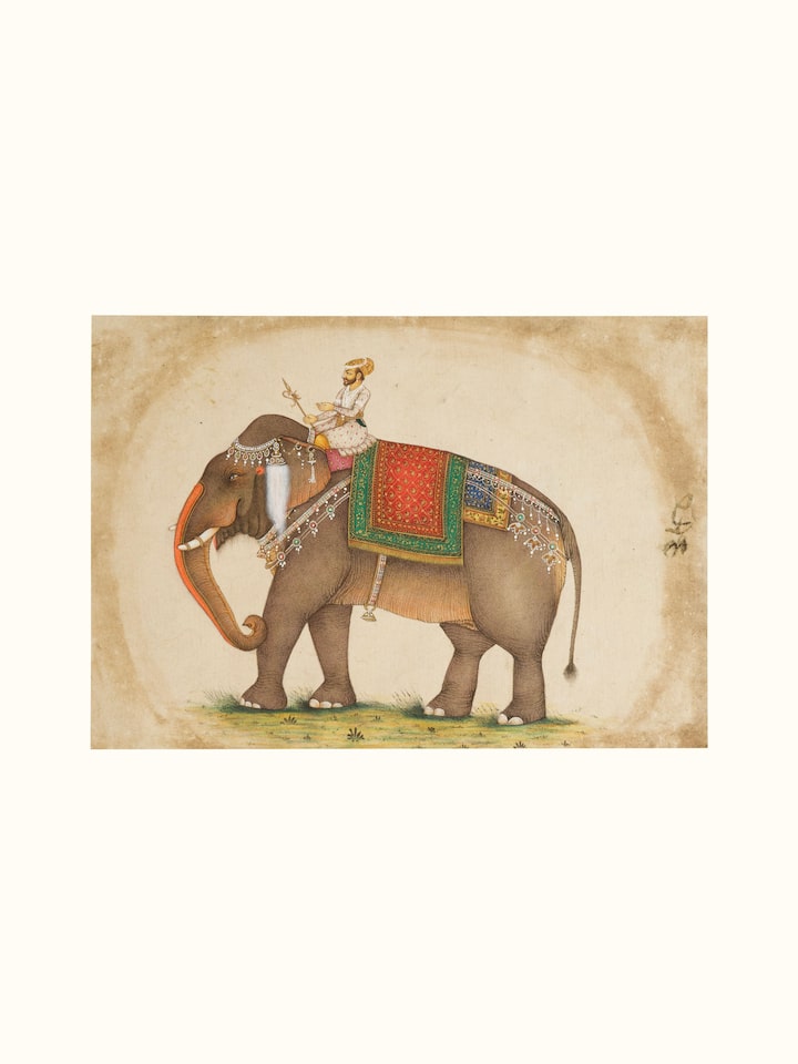 Front view of the Elephant with Mahawat Miniature Painting