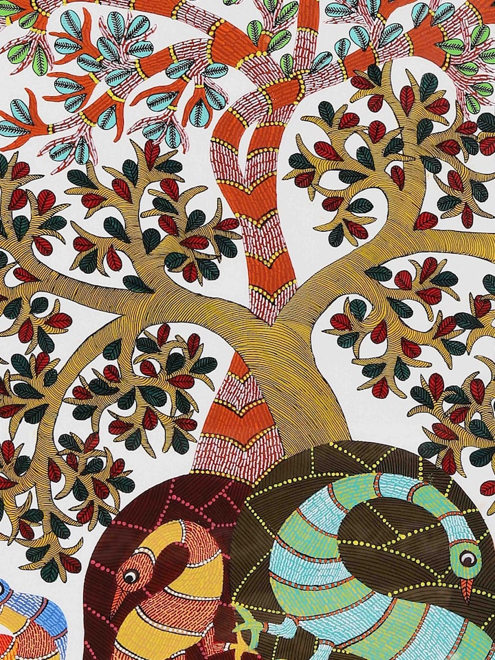 Detail view of the Peafowls Under Tree Gond Painting