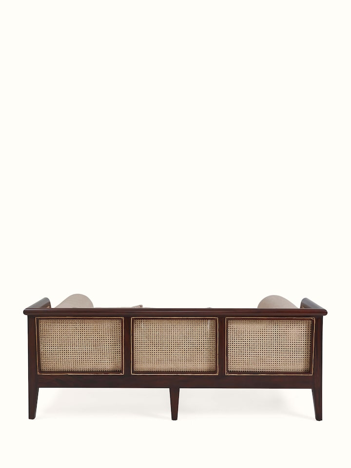 Rear view of Upholstered Mahogany Wood 3-Seater Sofa showing its sturdy frame and elegant backrest design.