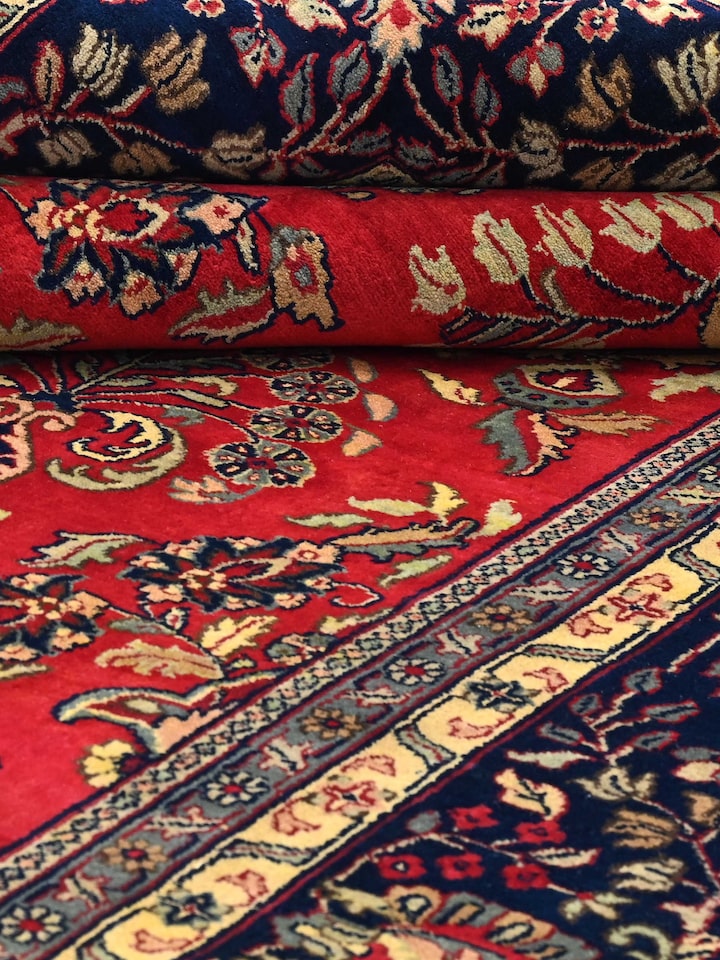 Traditional Sarouk Red Navy Bhadohi Wool Hand Knotted Rug