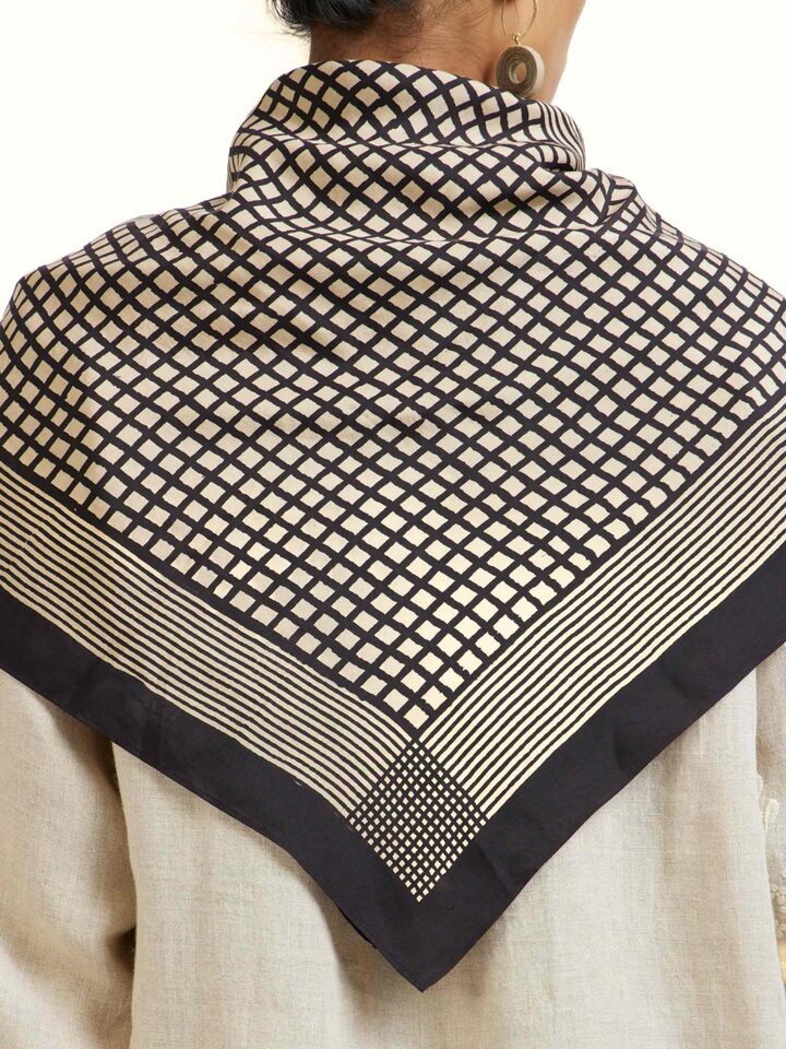 Detail view of the Black Silk Bagh Hand Block Printed Scarf