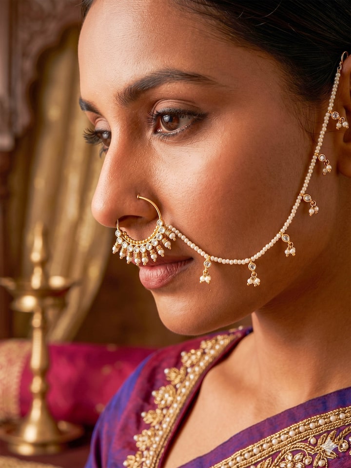 Styled view of Silver Smithing Nath worn on the ear, showing how it looks styled