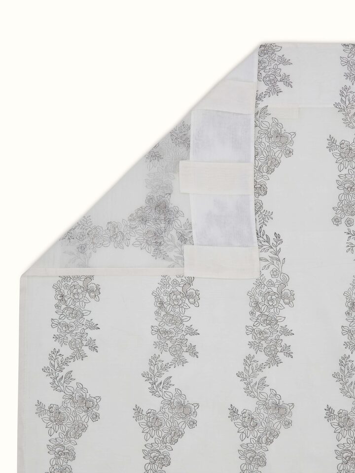 Shivranjini Grey Floral Stripe Cotton Silk Sanganeri Hand Block Printed Curtain (7 Ft)