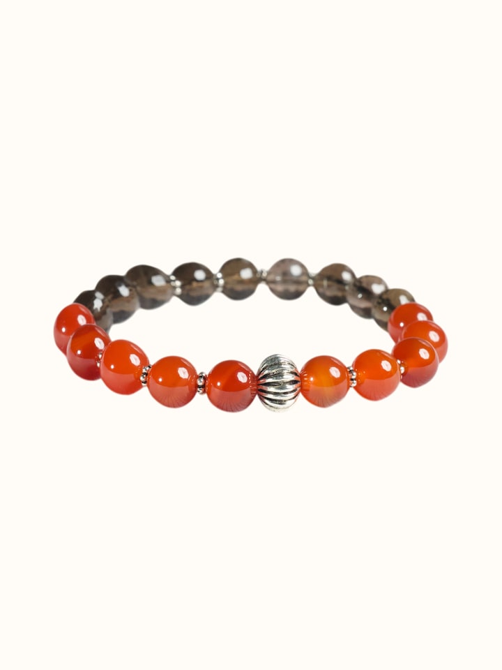 Close-up of the Gemstone Smoky Quartz & Red Onyx Silver Bracelet gemstones