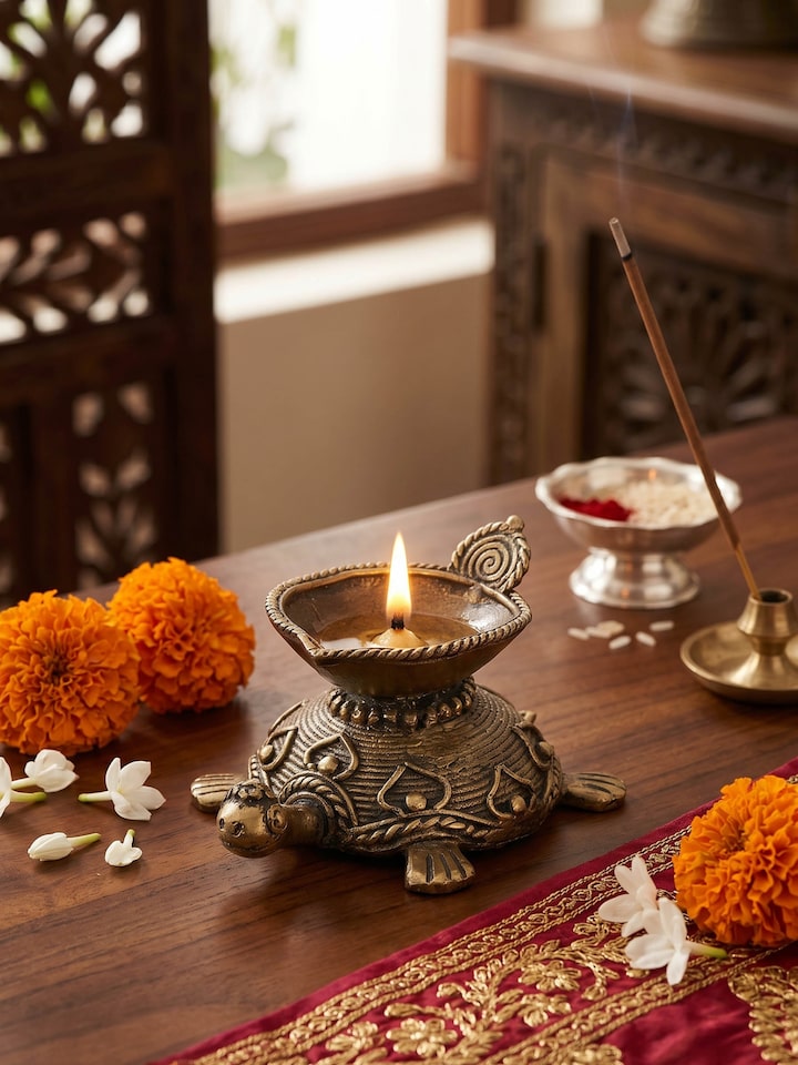 Styled view of Dhokra Brass Diya styled in a home setting