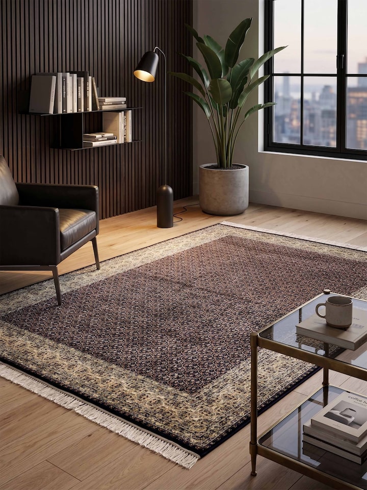 Styled view of Traditional Persian Navy Ivory Senneh Kashmir Silk Hand-Knotted Carpet styled in a room setting