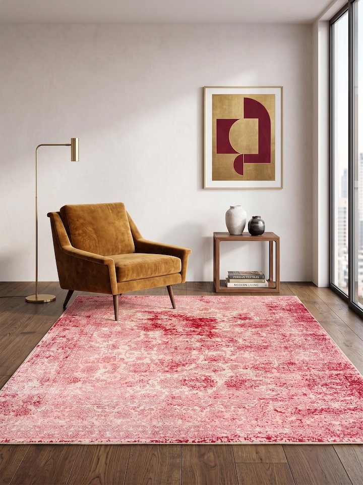 Styled view of Transitional Persian Pink Bhadohi Wool & Bamboo Silk Hand Knotted Rug styled in a room setting