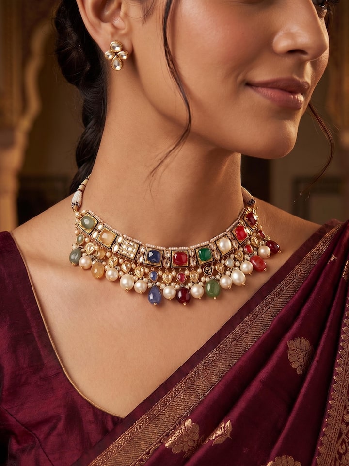 Jadau 18 Karat Gold Navaratna Choker by Swadesh