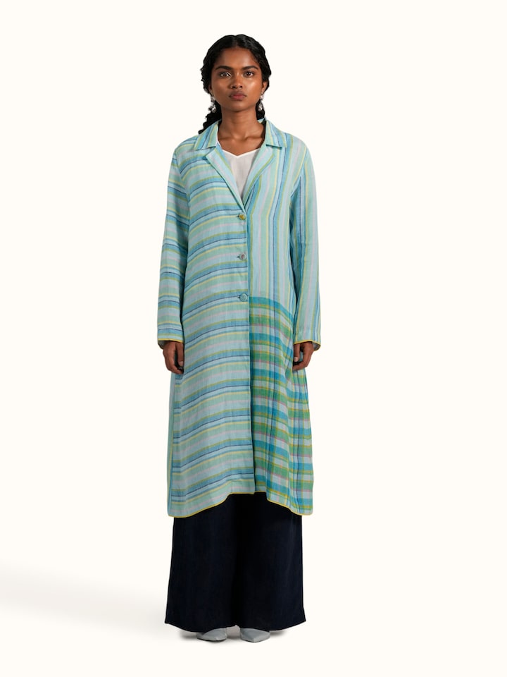Front view of the Blue Linen Handloom Ethnic Jacket